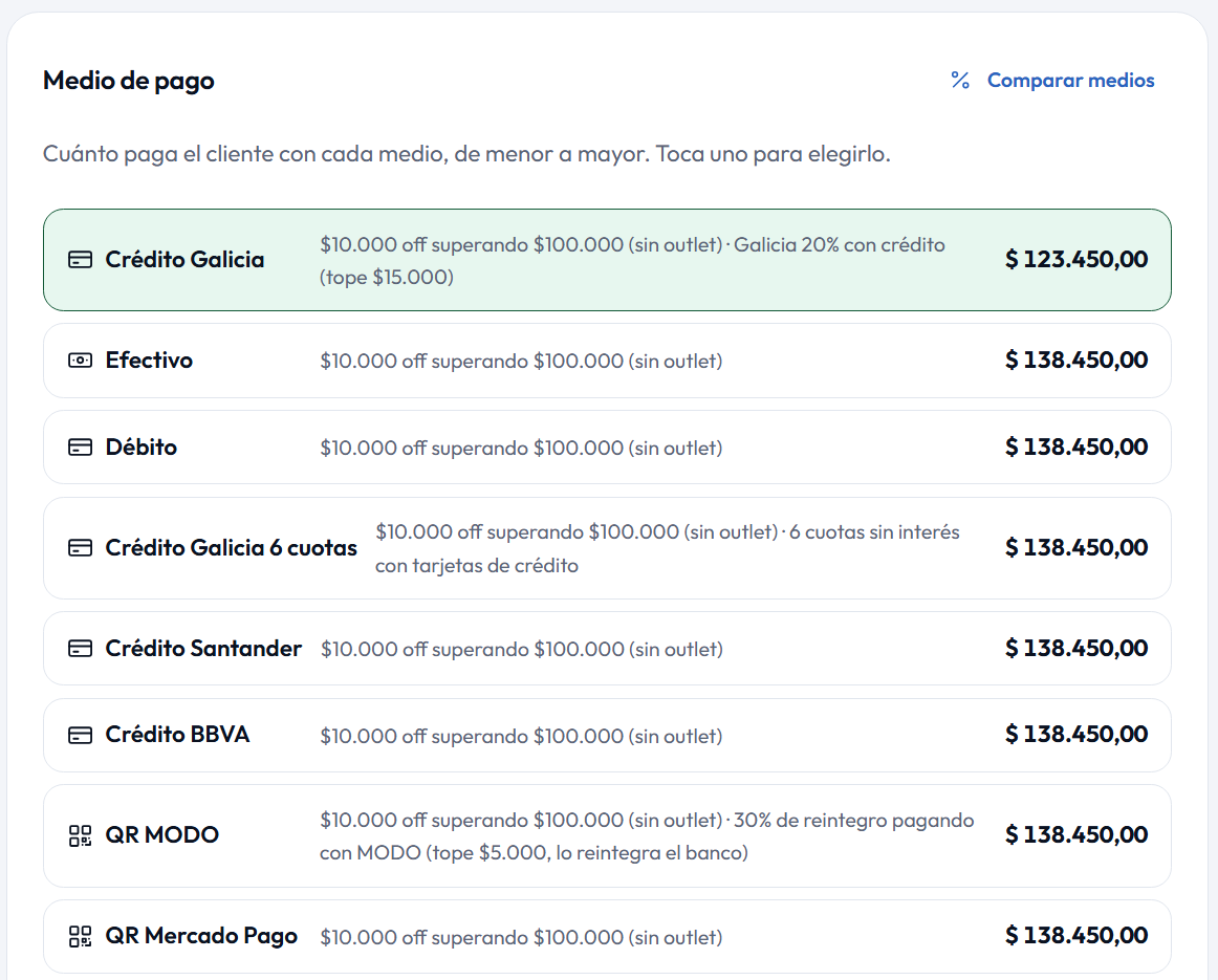 Comparación de medios de pago en Frey: cuánto paga el cliente con cada tarjeta, banco o QR, con las promociones que aplican